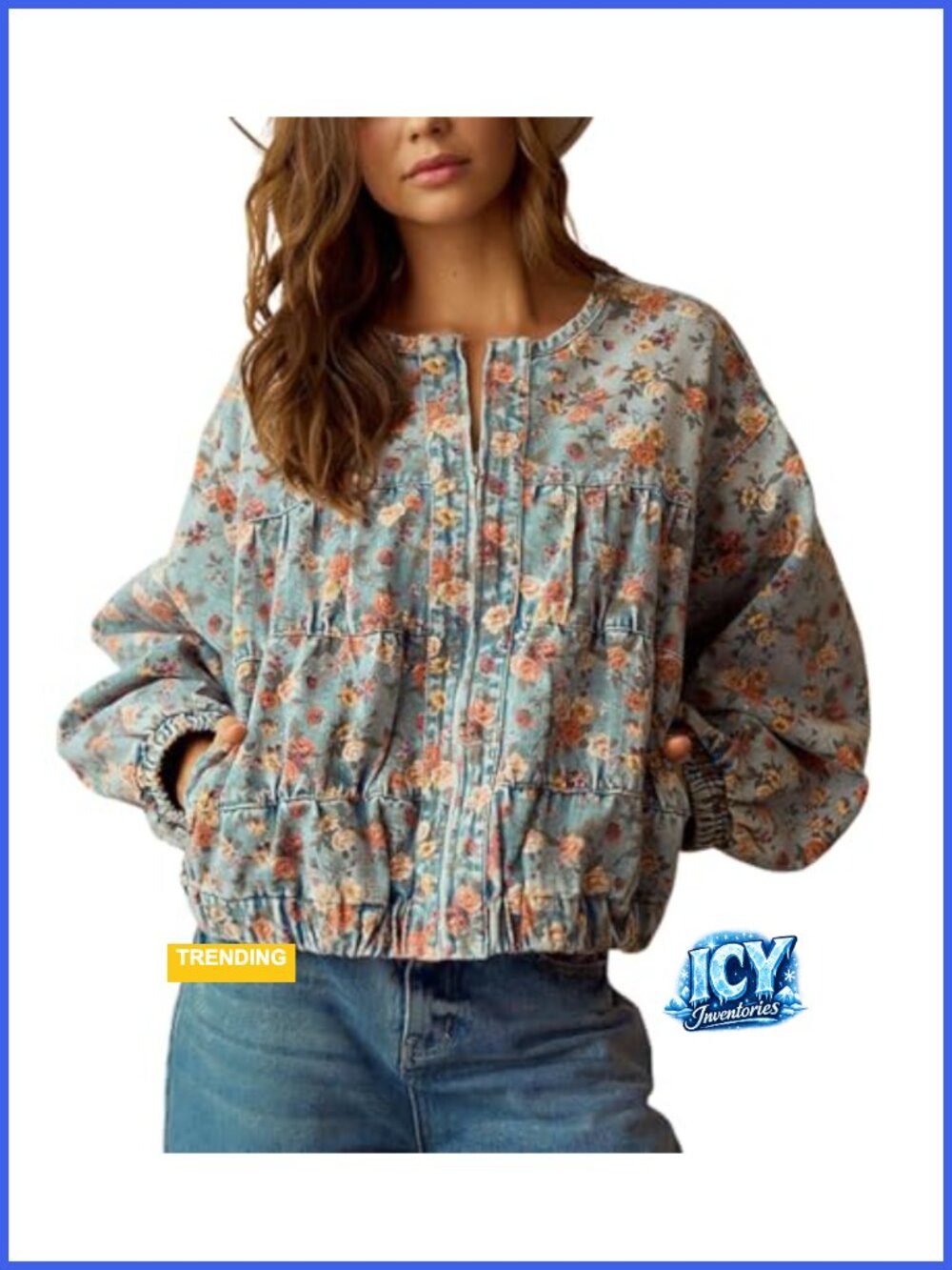 Oversized Floral Denim Jacket Zip Up Casual Jean Jacket Trendy Fall Layer